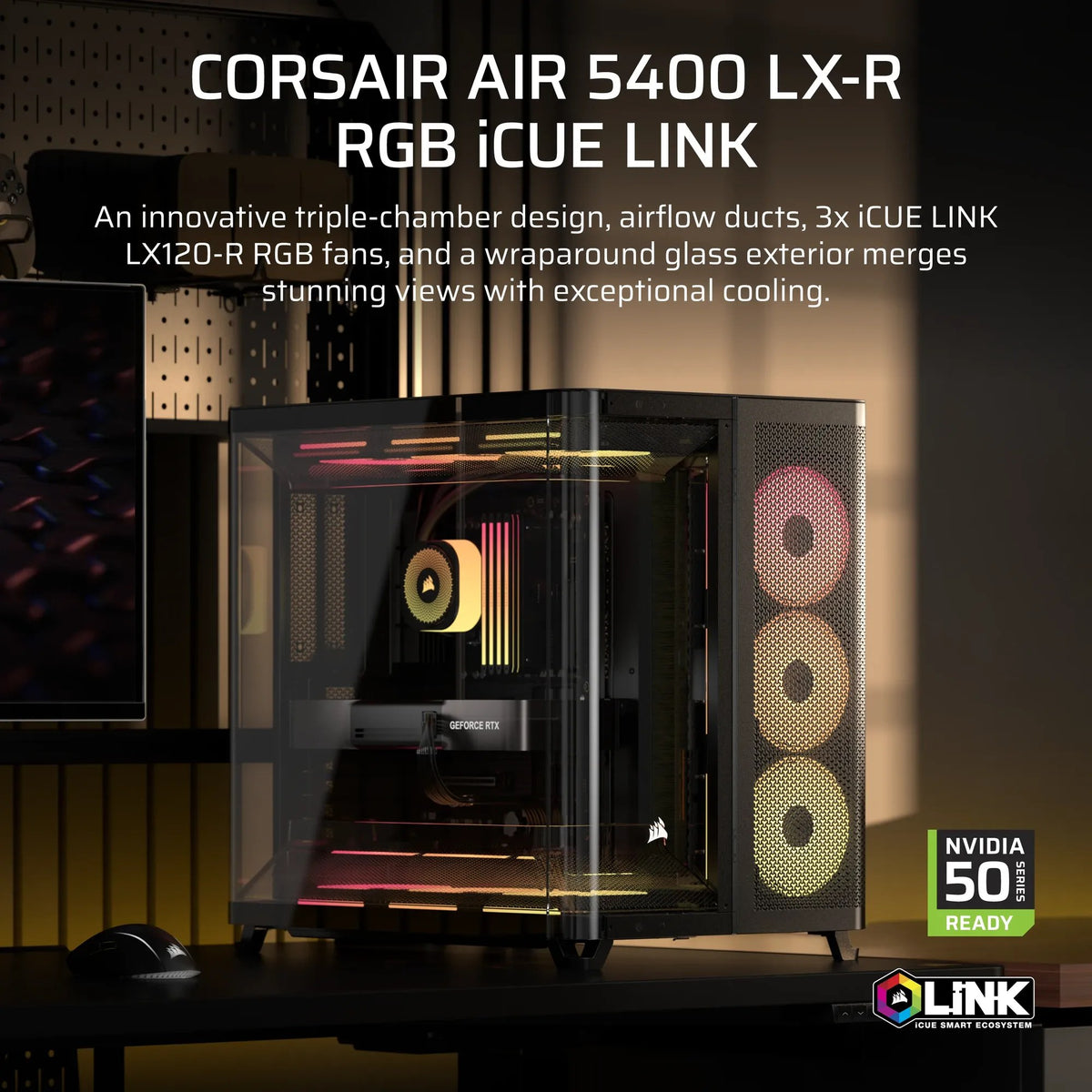 AIR 5400 LX-R RGB iCUE LINK Triple Chamber Mid-Tower PC Case ;3x Fans included;2x 2.5'' ; 1x 3.5''; Black