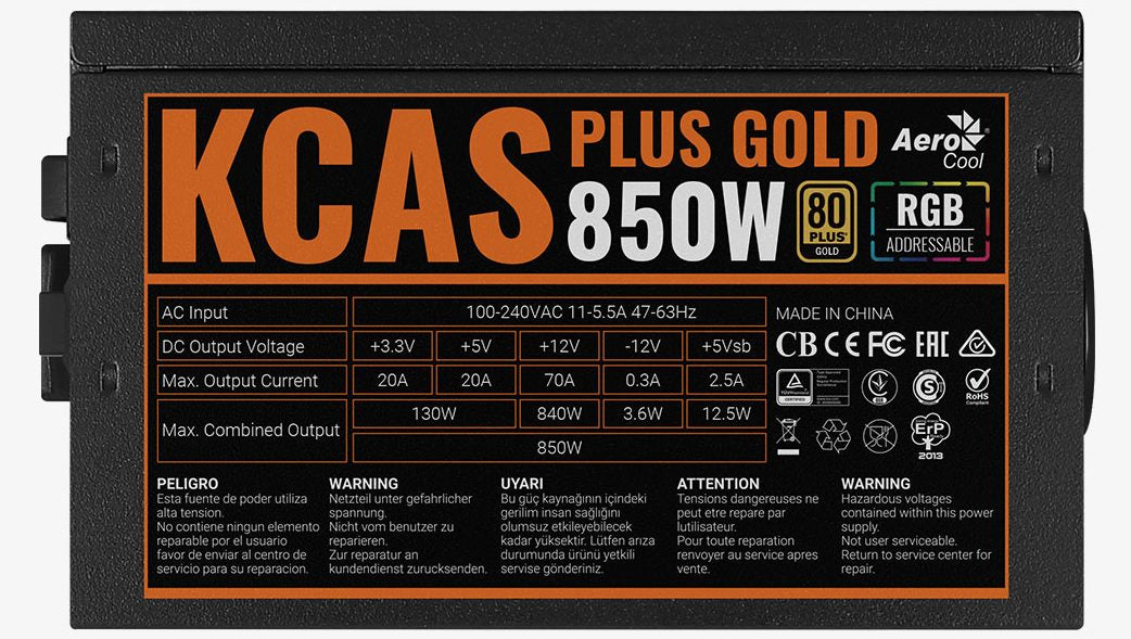 Aerocool KCAS PLUS Gold 850W RGB PSU - ATX 24 PIN; 2x 4+4PIN CPU; 8x SATA; 4x PATA; 3x PCIe 6+2PIN.