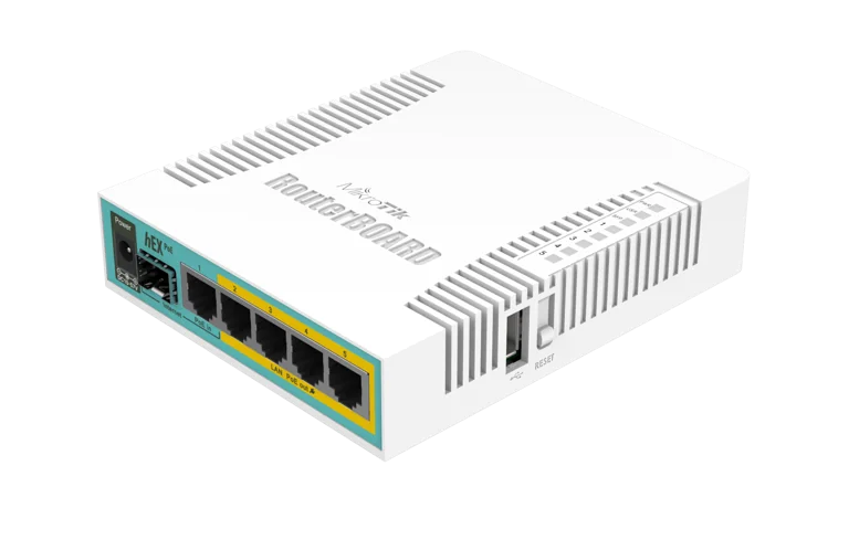 MikroTik hEX PoE, Desktop Router, 5x Gb LAN (four with PoE out), SFP, USB, RouterOS L4, plastic case and PSU