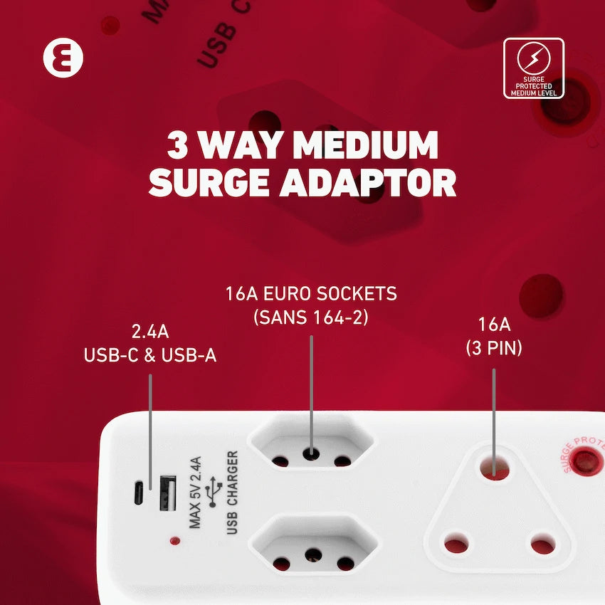 Ellies 3 Way Medium Surge Adaptor with Type C + USB - White