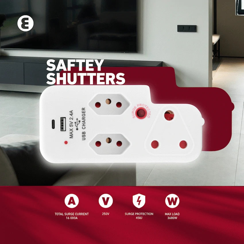 Ellies 3 Way Surge Adaptor with Type C + USB - WT