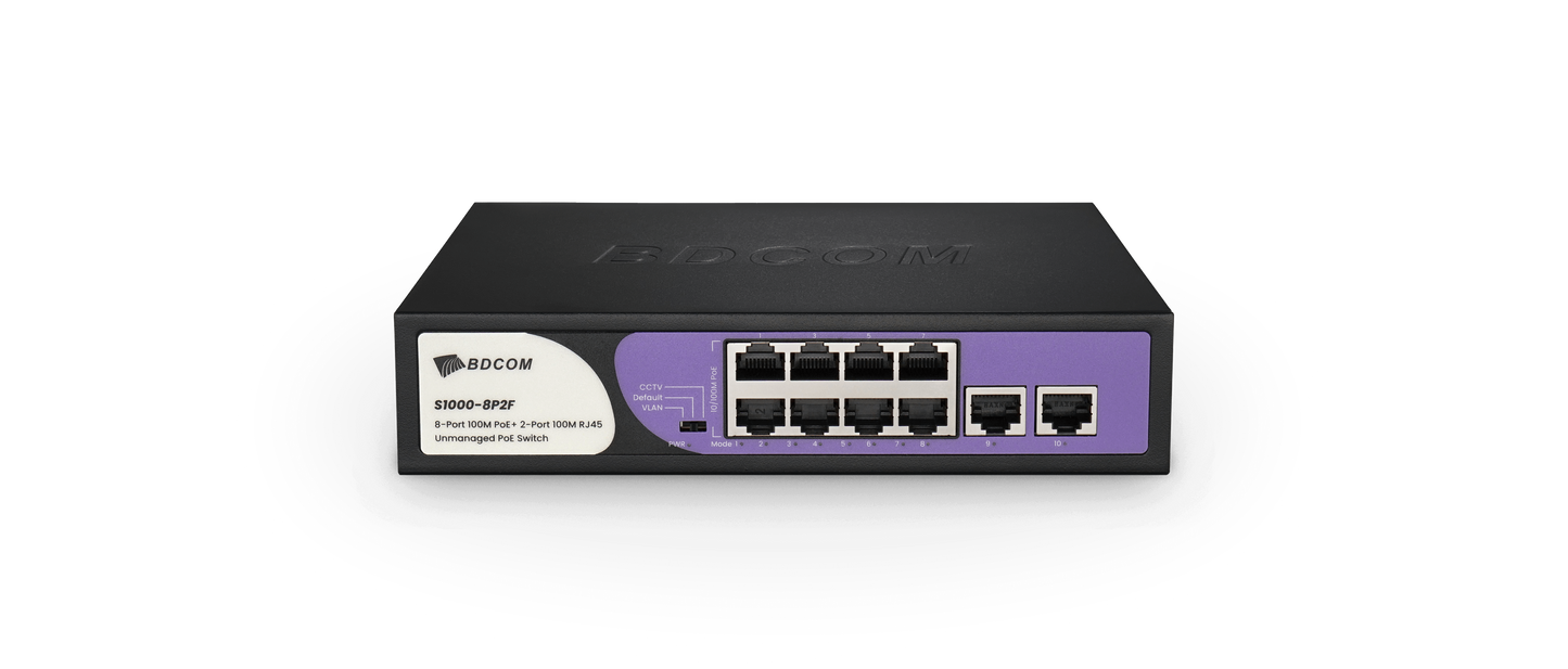 BDCOM 8-Port 100M Unmanaged PoE Switch (8-Port PoE + 2-Port 100M RJ45) 90W PoE Budget