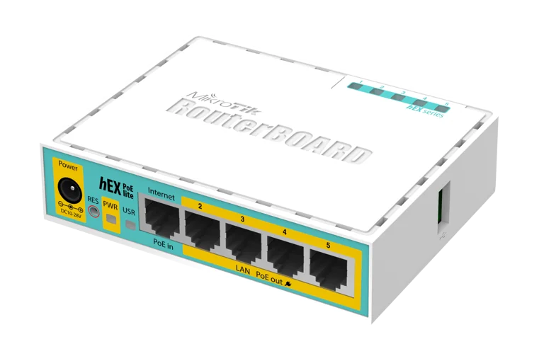 MikroTik hEX PoE lite, Desktop Router, 5x LAN (four with PoE out), USB, RouterOS L4, plastic case and PSU