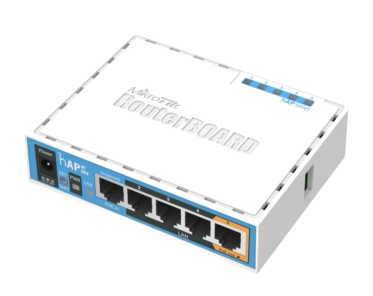 MikroTik hAP ac lite, 5x LAN, built-in 2.4Ghz 802.11b/g/n two chain wireless with integrated antennas, built-in 5Ghz 802.11ac single chain wireless with integrated antenna, USB, desktop case, PSU, RouterOS L4