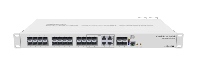 MikroTik Cloud Router Switch CRS328-4C-20S-4S+RM, 20x SFP cages, 4x SFP+ cages, 4x Combo ports (1x Gb LAN or SFP), RouterOS L5 or SwitchOS (dual boot), 1U rackmount case, Dual PSU