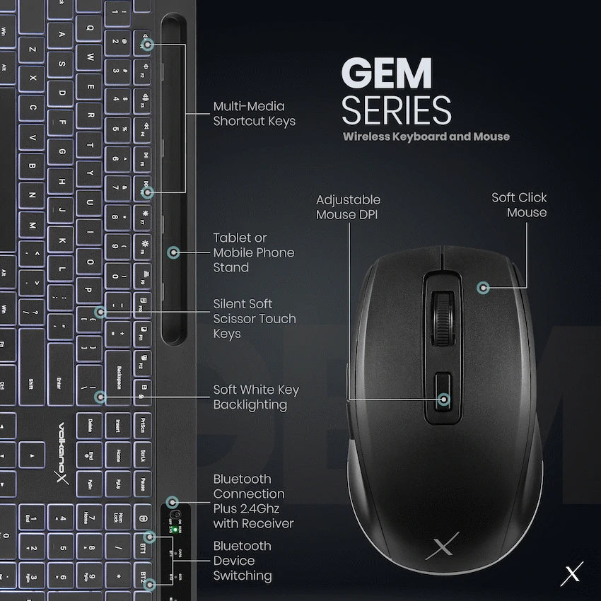 VolkanoX Gem Bluetooth Wireless Keyboard and Mouse - Black