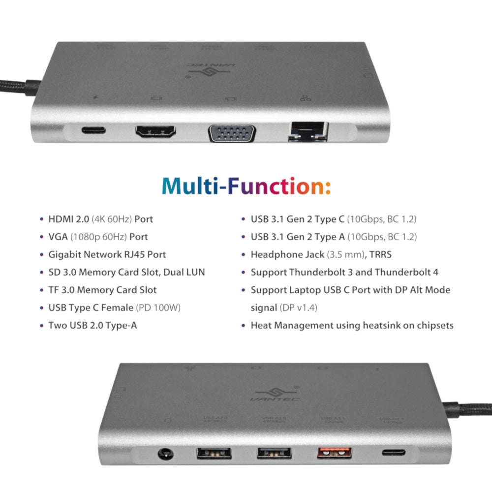 Vantec USB C Adaptor/1xHDMI/VGA/RJ45/SD Card/Micro SD/USB-C/USB-A/Audio Jack(3.5mm)/USB-C 100W/ 2xUSB-A