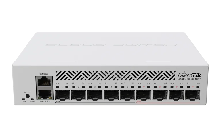 MikroTik Cloud Router Switch CRS310-1G-5S-4S+IN, 4x SFP+, 5x SFP cages, 1x Gb LAN port, RouterOS L5, desktop case