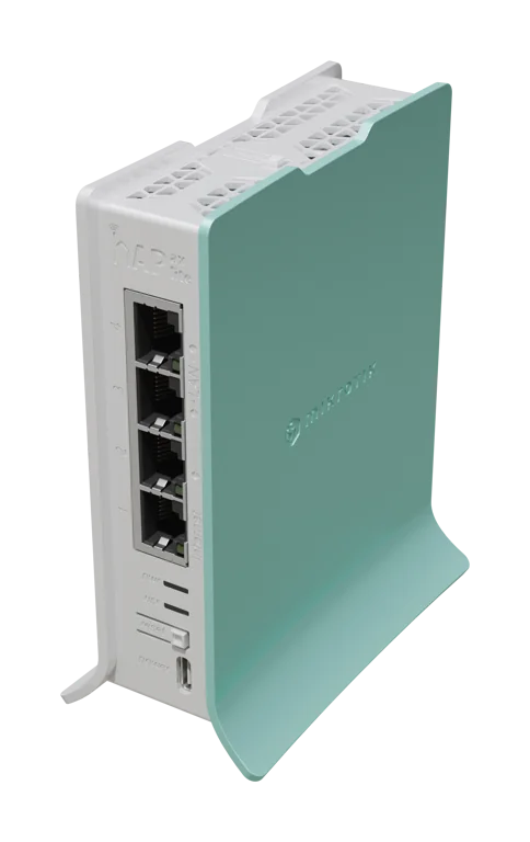 hAP ax lite with 800MHz CPU, 256MB RAM, 4 x Gbit LAN, 2.4 GHz 802.11b/g/n/ax two chain wireless with integrated antennas, RouterOS L4, tower case, PSU