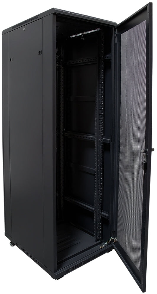 RCT 25U CP server/networking cabinet 4x uprights 4x feets incl glands + Screws; 600 X 600 PERFORATED DOOR; BLACK.