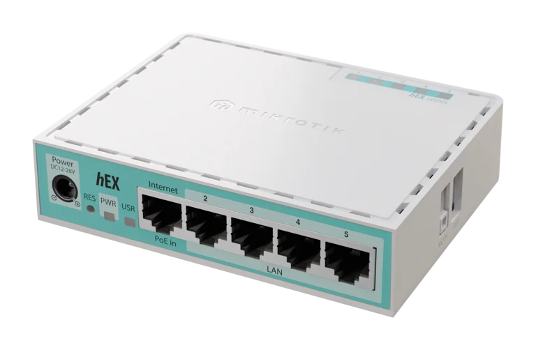 MikroTik hEX (2024 version) with Dual Core 950MHz CPU, 512MB RAM, 5 x Gigabit LAN ports, USB, RouterOS v7 L4, plastic case, PSU