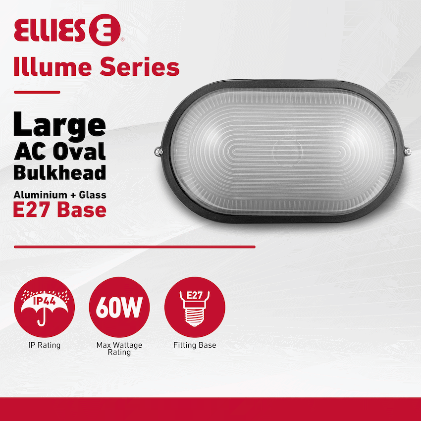 Ellies Illume Series - Large AC Oval Bulkhead - Aluminium + Glass - E27 Base -BK