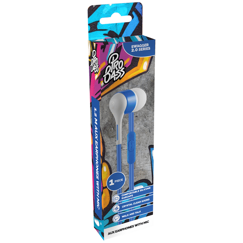 Pro Bass Swagger 2.0 Series - Boxed Auxiliary Earphone with Mic - Blue