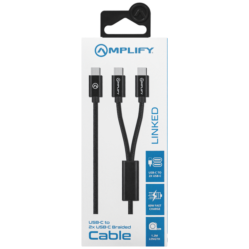 Amplify Linked Series USB-C to 2x USB-C Braided Cable 1.2m - Black - Guards On Duty Shop & Security Guards