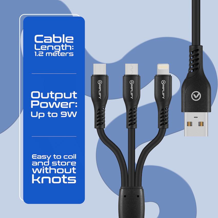 Amplify CoreCharge Series 1.2m 3-in-1 Cable - Black