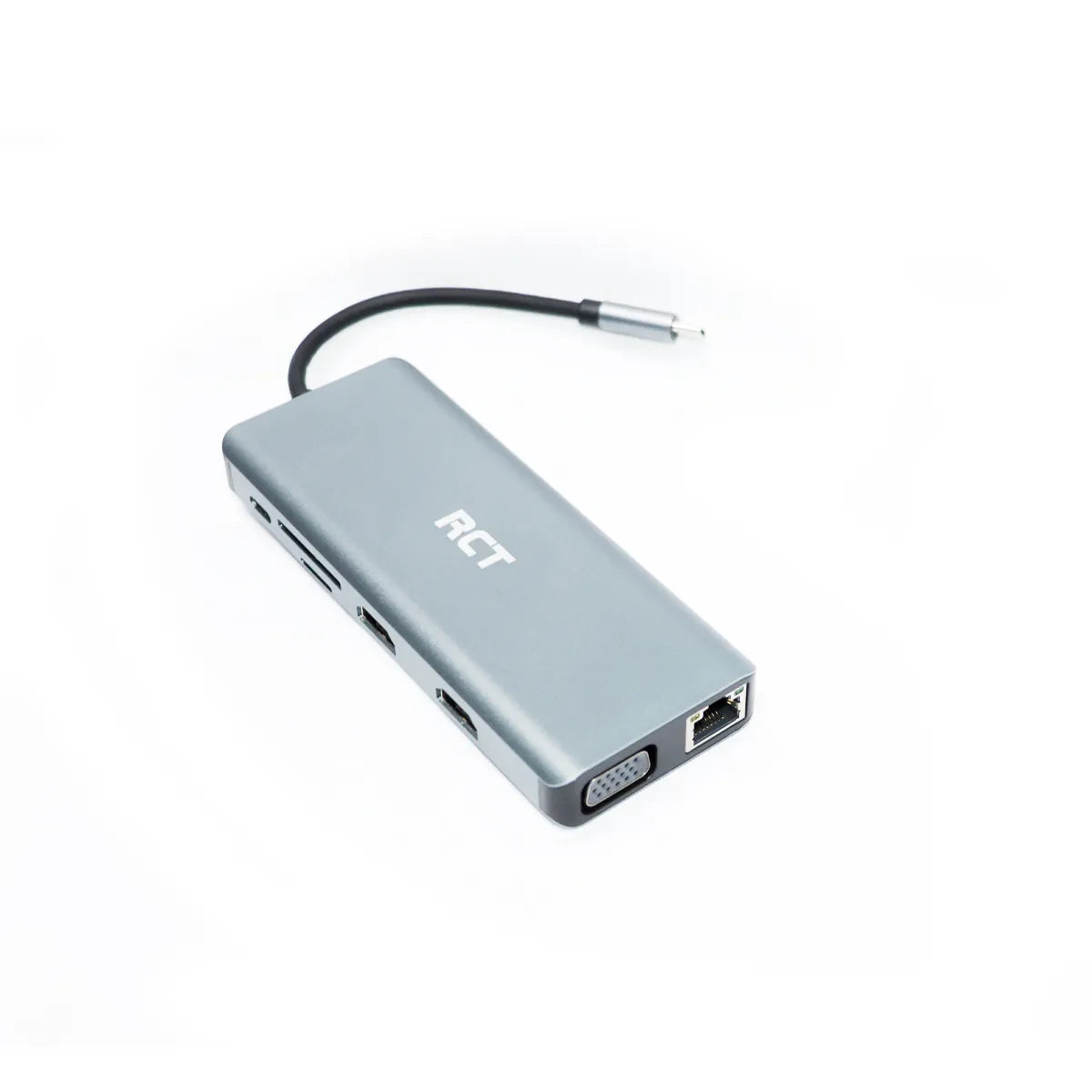RCT compact 12-in-1 USB Type C hub with 2 HDMI; 1 VGA; 3 USB 3.0; 1 USB 2.0; 1 RJ45; PD100W; audio; SD & microSD card reader