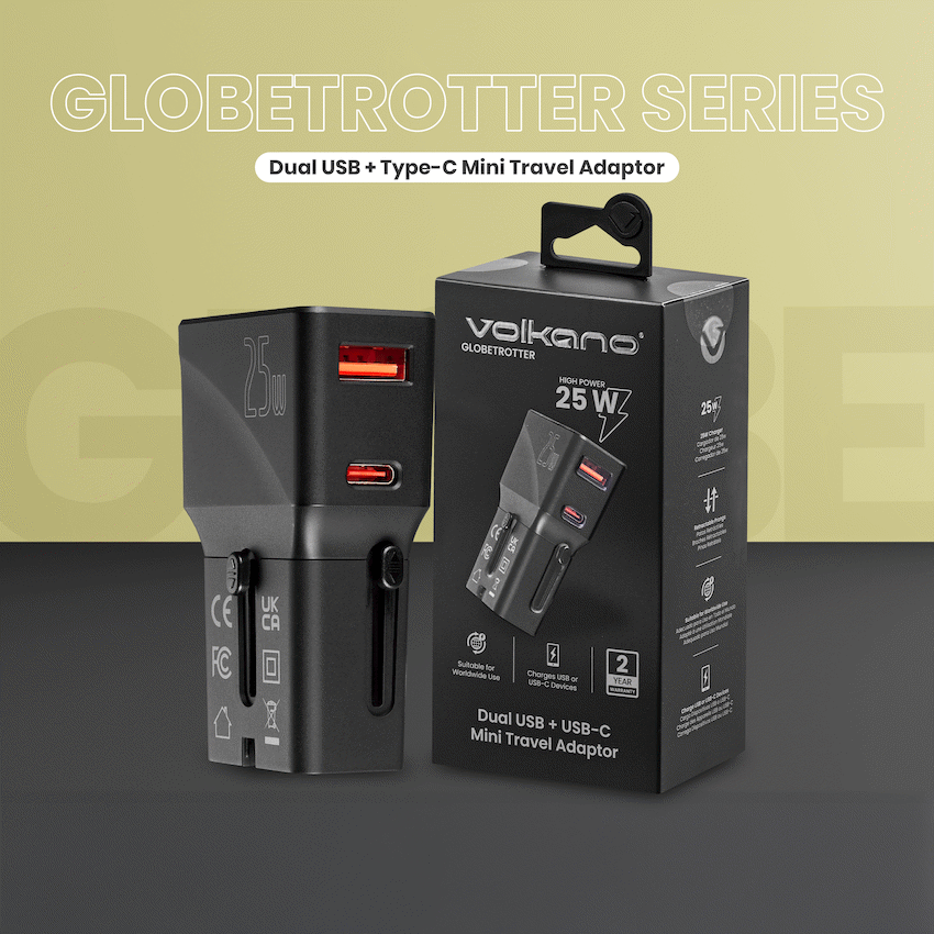 Volkano Globetrotter Series 25w Dual USB + Type-C Mini Travel Adaptor