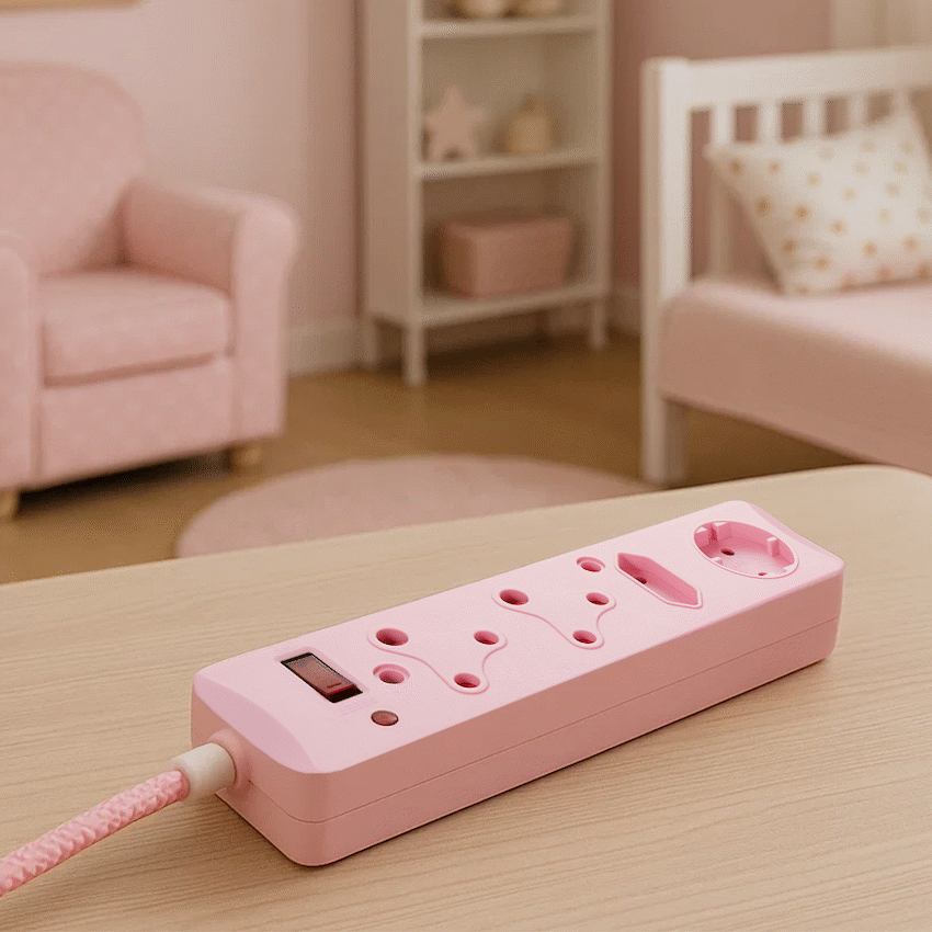 SWITCHED 4 Way Medium Surge Protected Multiplug 0.5M Braided Cord Pink