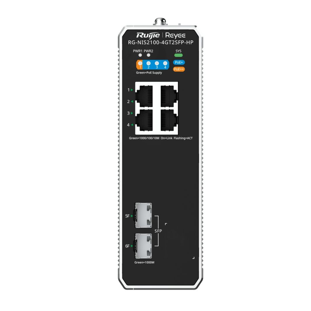 Ruijie 4-Port Cloud Managed Industrial Switch, with 1 x PoE++ Port, 3 x PoE+ Ports, and 2 x SFP Uplink Ports
