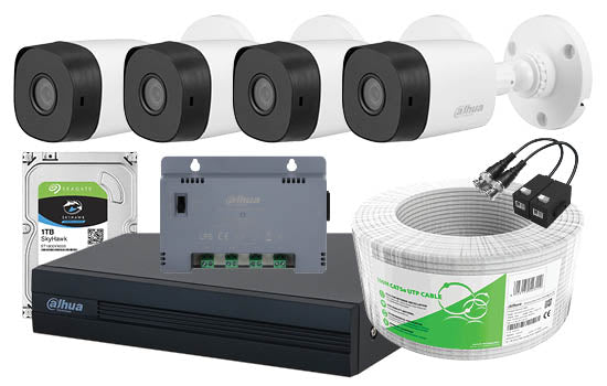 Dahua 4 Ch Cooper XVR Kit with 4 x Bullets - INCL. 51XVR1B04-I, 4 x Bullet Cameras, PSU, 100m CAT 5 Cable, Baluns, 1TB HDD, accessories