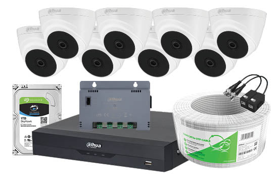 Dahua 8 Ch XVR Kit with 8 x Eyeball Dome Cameras - INCL. 51XVR4108HS-I, 8 x Eyeball Dome Cameras, PSU, 100m CAT 5 Cable, Baluns, 1TB HDD, accessories