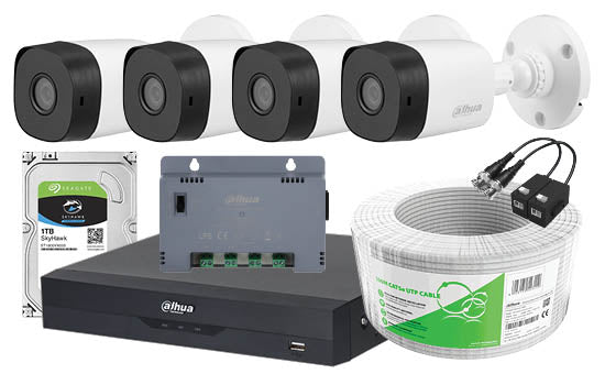Dahua 4 Ch XVR5 Kit with 4 x Bullets - INCL. 51XVR5104HS-I, 4 x Bullet Cameras, PSU, 100m CAT 5 Cable, Baluns, 1TB HDD, accessories