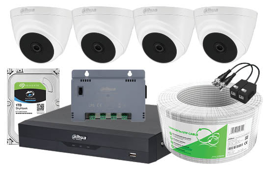 Dahua 4 Ch XVR5 Kit with 4 x Eyeball Domes - INCL. 51XVR5104HS-I, 4 x Eyeball Dome Cameras, PSU, 100m CAT 5 Cable, Baluns, 1TB HDD, accessories