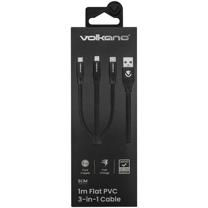 Volkano Slim Series Flat PVC 3-in-1 (Type-C / Lightning / Micro) Cable 30W 1m- Black
