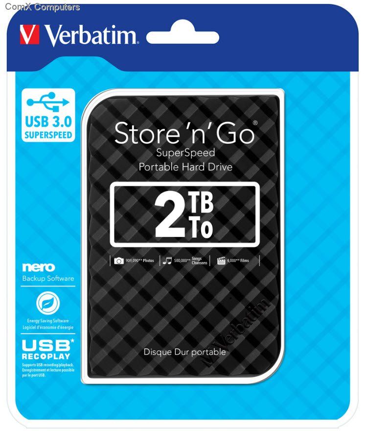 VERBATIM 2.5" 2TB Portable Hard Drive 9.5mm USB 3.0 - Black