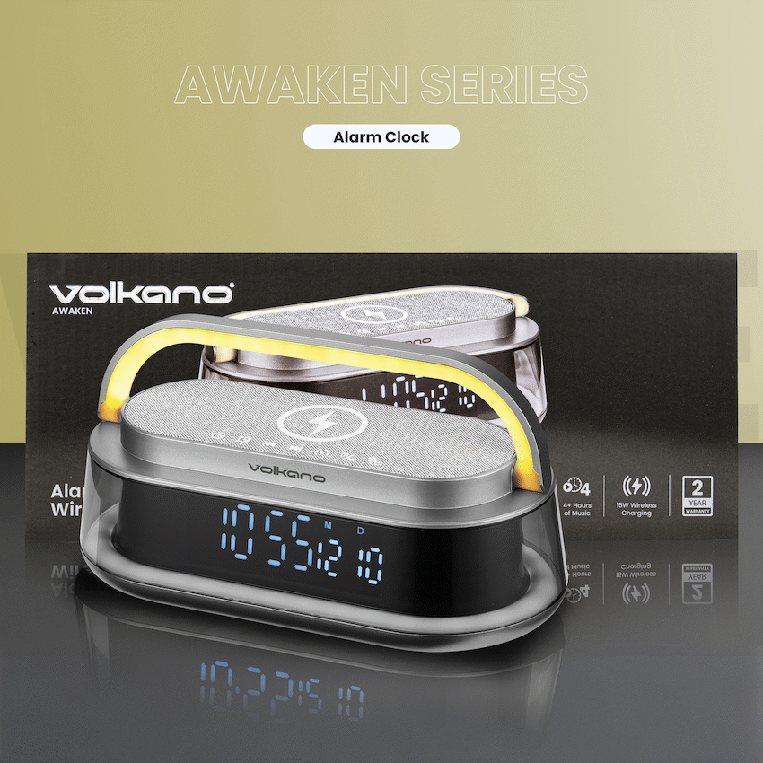 Volkano Awaken Series Alarm Clock with Wireless Charging and Speaker