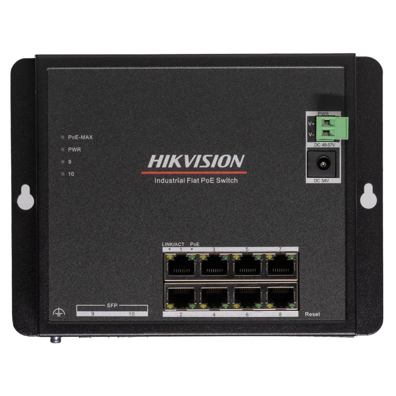 Hikvision L2-managed flat industrial POE switch, 8x POE ports, 2x gigabit SFP, 48-57V input. No PSU included
