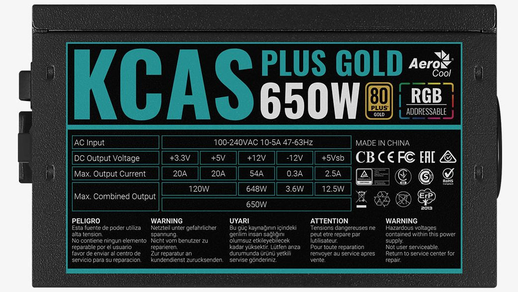 Aerocool KCAS PLUS Gold 650W RGB PSU - ATX 24 PIN; 2x 4+4PIN CPU; 6x SATA; 3x PATA; 2x PCIe 6+2PIN.