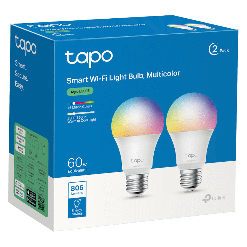 TP-Link Tapo L530E 2 Pack 8.7w Smart Wi-Fi Warm White Light Bulb, Dimmable, A60, E27