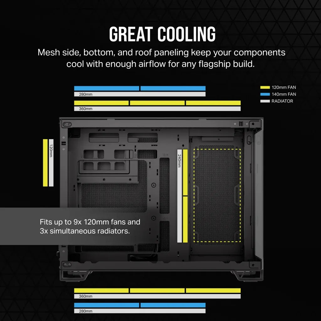 2500D Airflow Black Mid-Tower Dual Chamber PC Case; 2x 3.5'' | 2x 2.5'' Drive Bays; Up to 360mm Radiator compatible