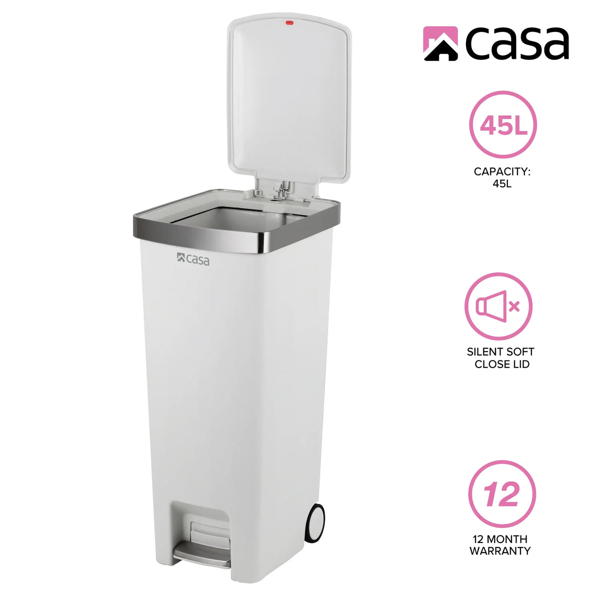 CASA Ravello 45L Pedal & Lid Lift Bin - Plastic - Slim Rectangle - With Wheels - White
