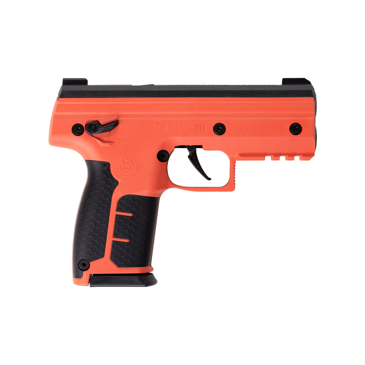 Orange Byrna SD .68 cal launcher with black slide and grip, magazine fitted, right-side view