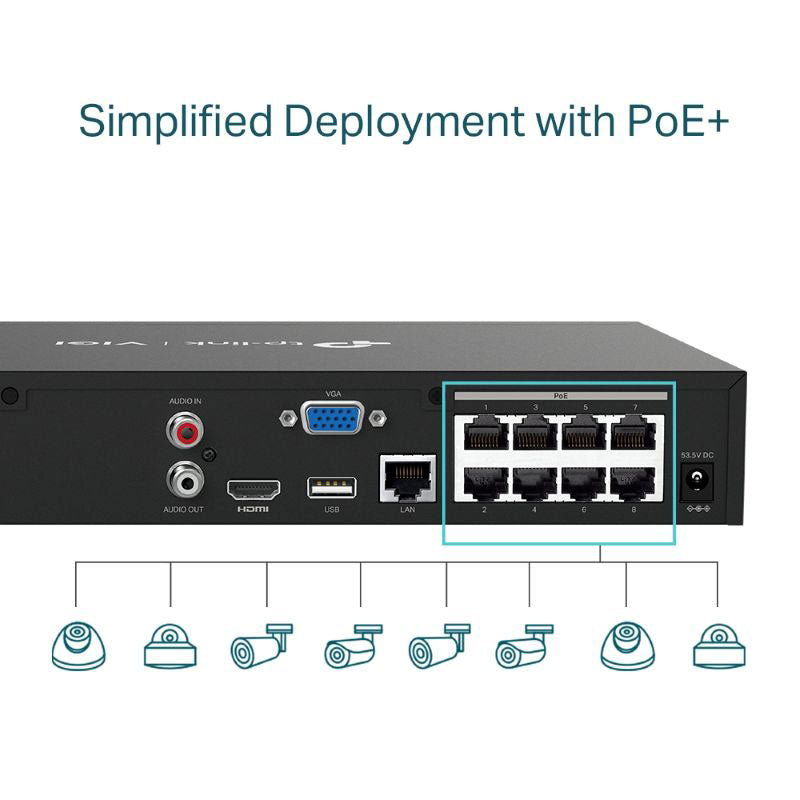 VIGI 8 Channel PoE+ Network Video Recorder, 1 SATA, 58W PoE