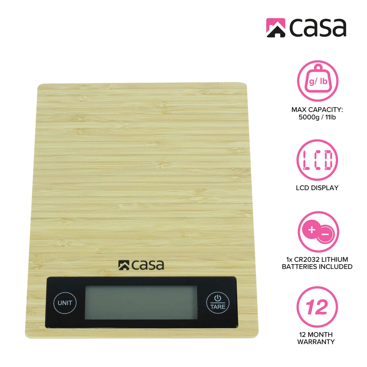 CASA Kitchen Digital Scale - Bamboo - Large Backlit Display