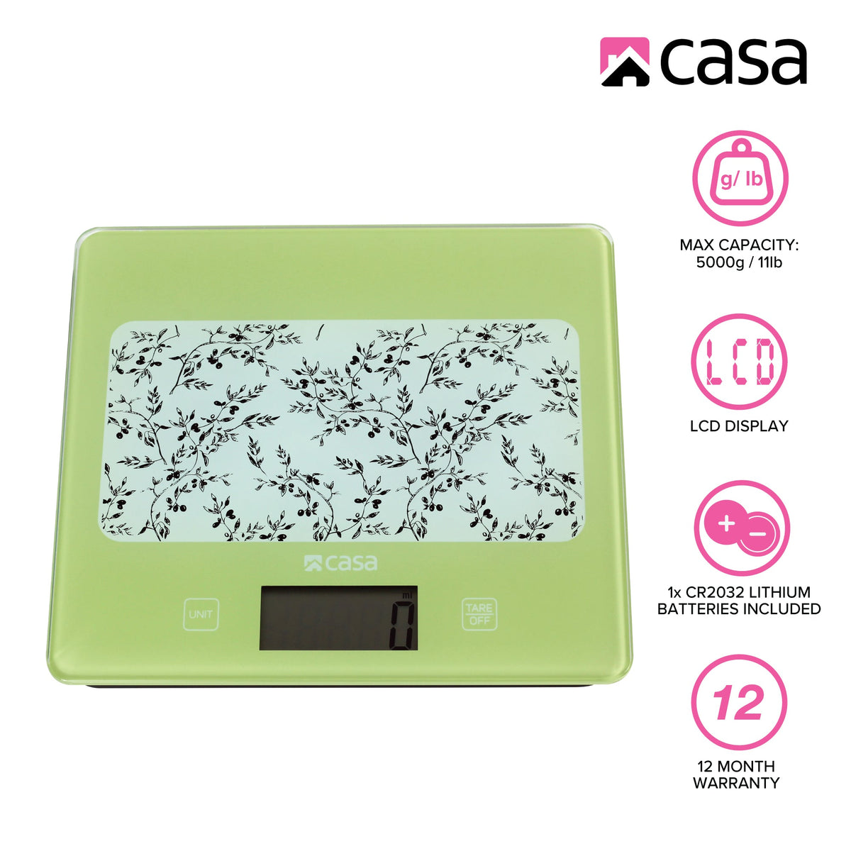 CASA Kitchen Digital Scale - Glass - Green With Olives Design