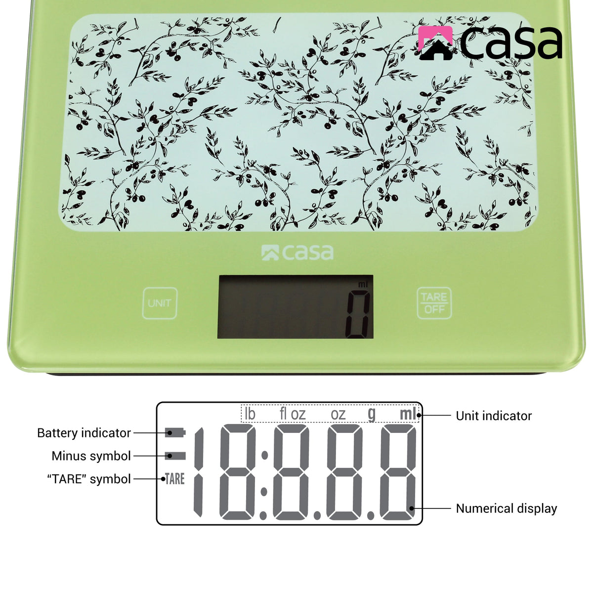 CASA Kitchen Digital Scale - Glass - Green With Olives Design