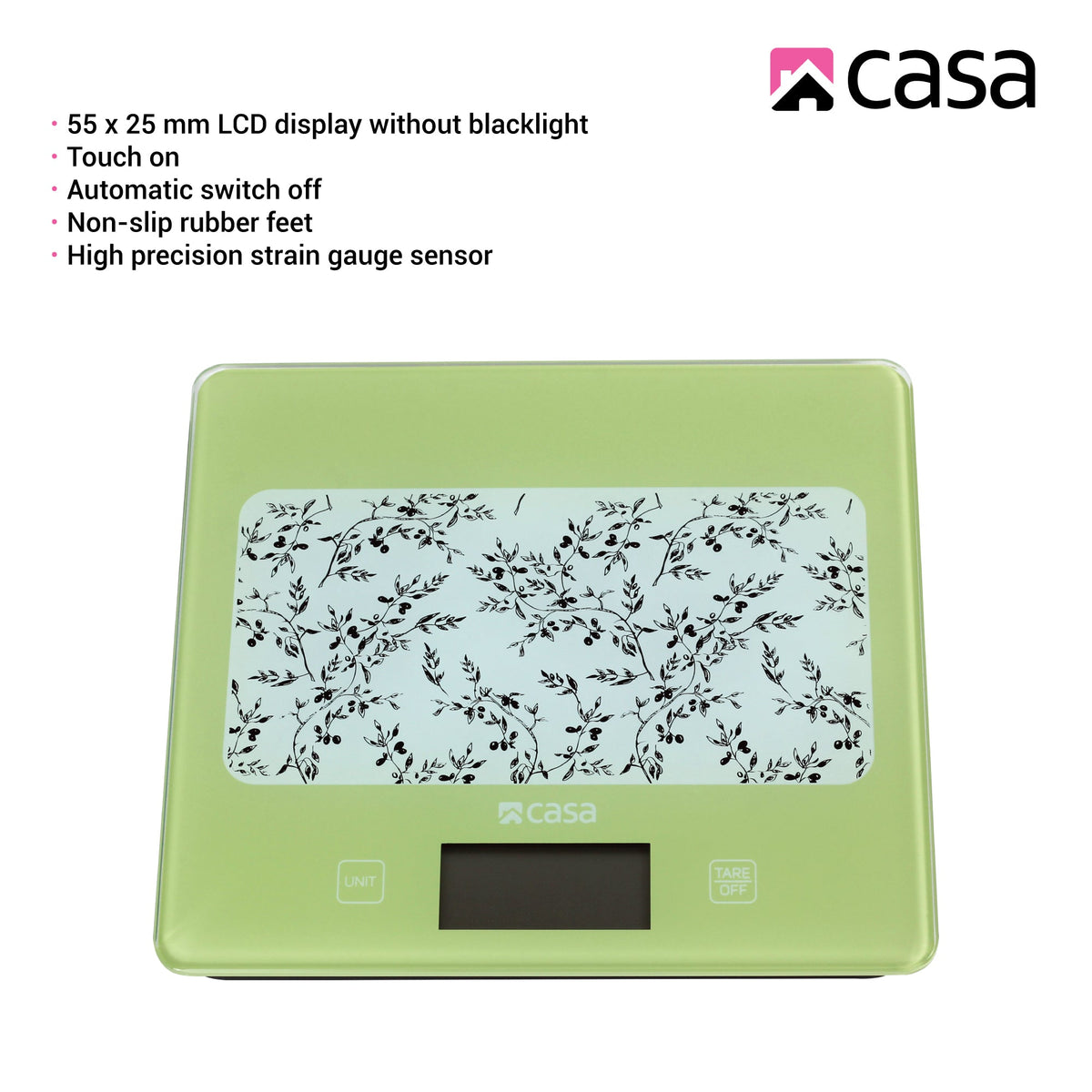 CASA Kitchen Digital Scale - Glass - Green With Olives Design