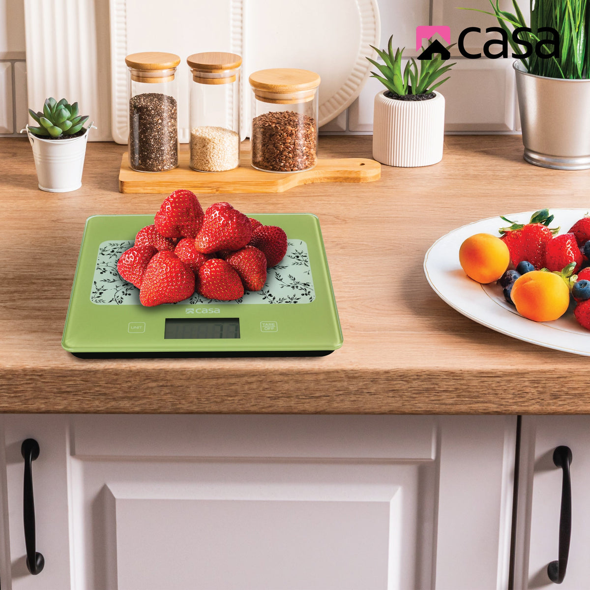 CASA Kitchen Digital Scale - Glass - Green With Olives Design