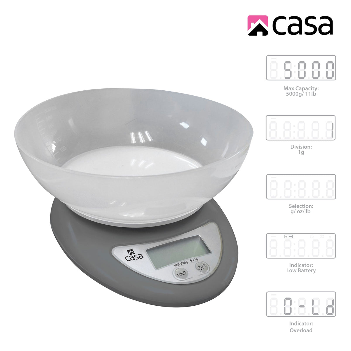 CASA Kitchen Digital Scale - Grey - With Clear Plastic Bowl