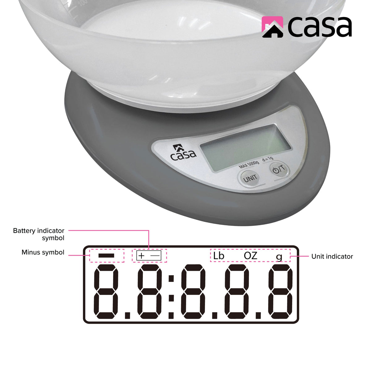CASA Kitchen Digital Scale - Grey - With Clear Plastic Bowl