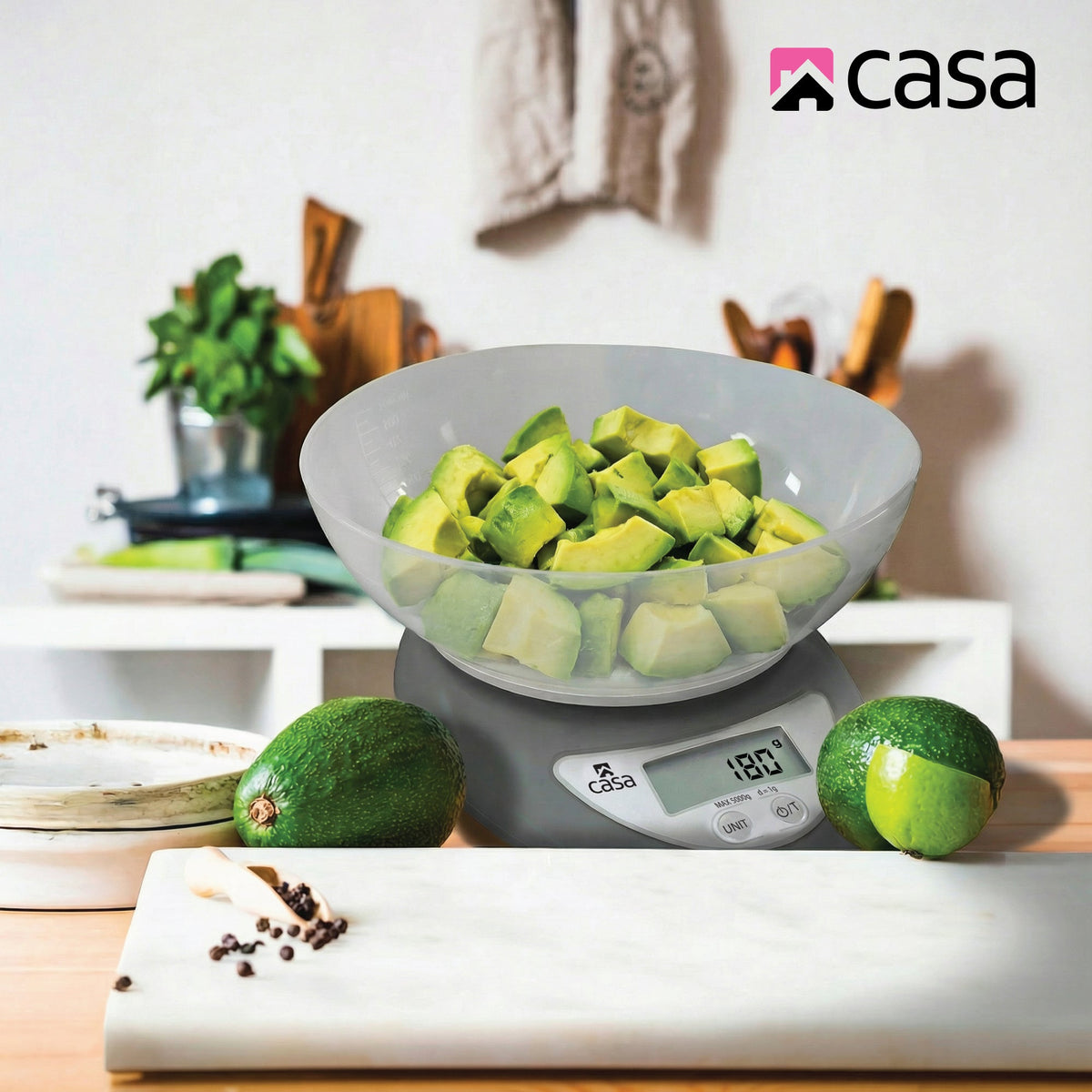 CASA Kitchen Digital Scale - Grey - With Clear Plastic Bowl