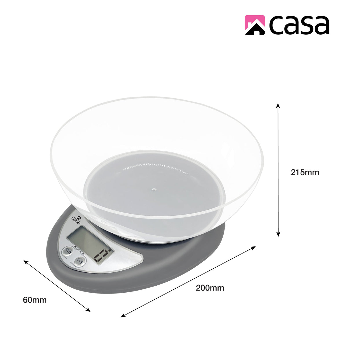 CASA Kitchen Digital Scale - Grey - With Clear Plastic Bowl