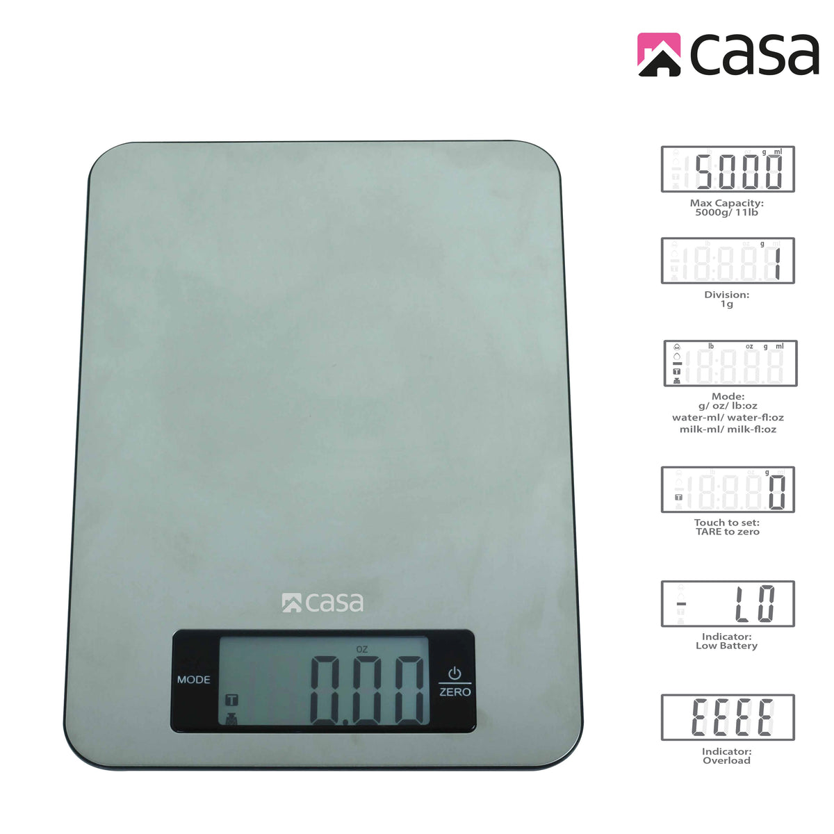 CASA Kitchen Digital Scale - Stainless Steel - Large Display