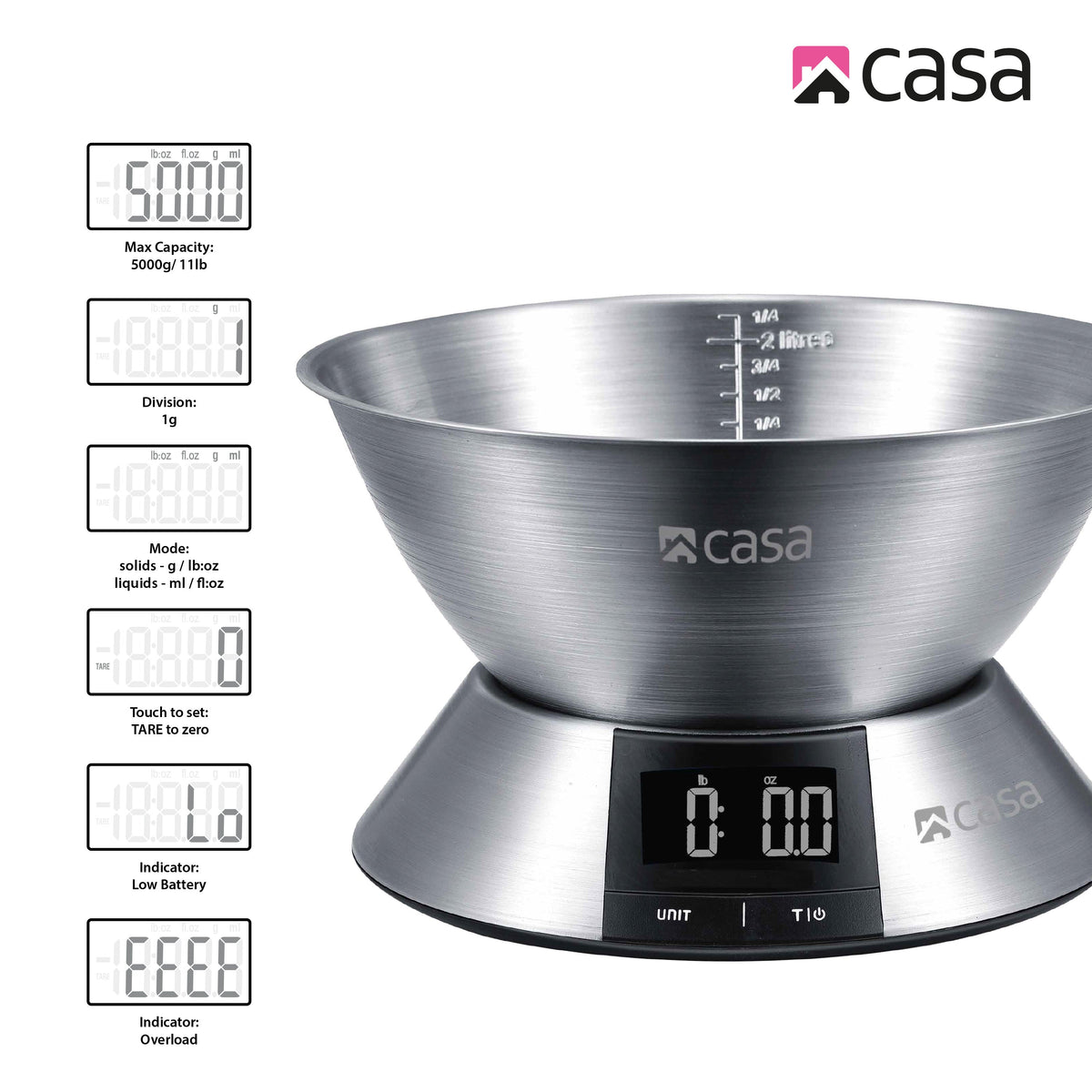 CASA Kitchen Digital Scale - Stainless Steel Base & 2.25L Measuring Bowl