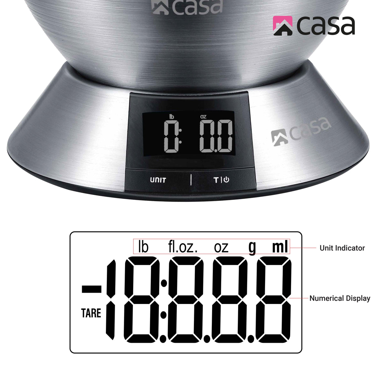 CASA Kitchen Digital Scale - Stainless Steel Base & 2.25L Measuring Bowl