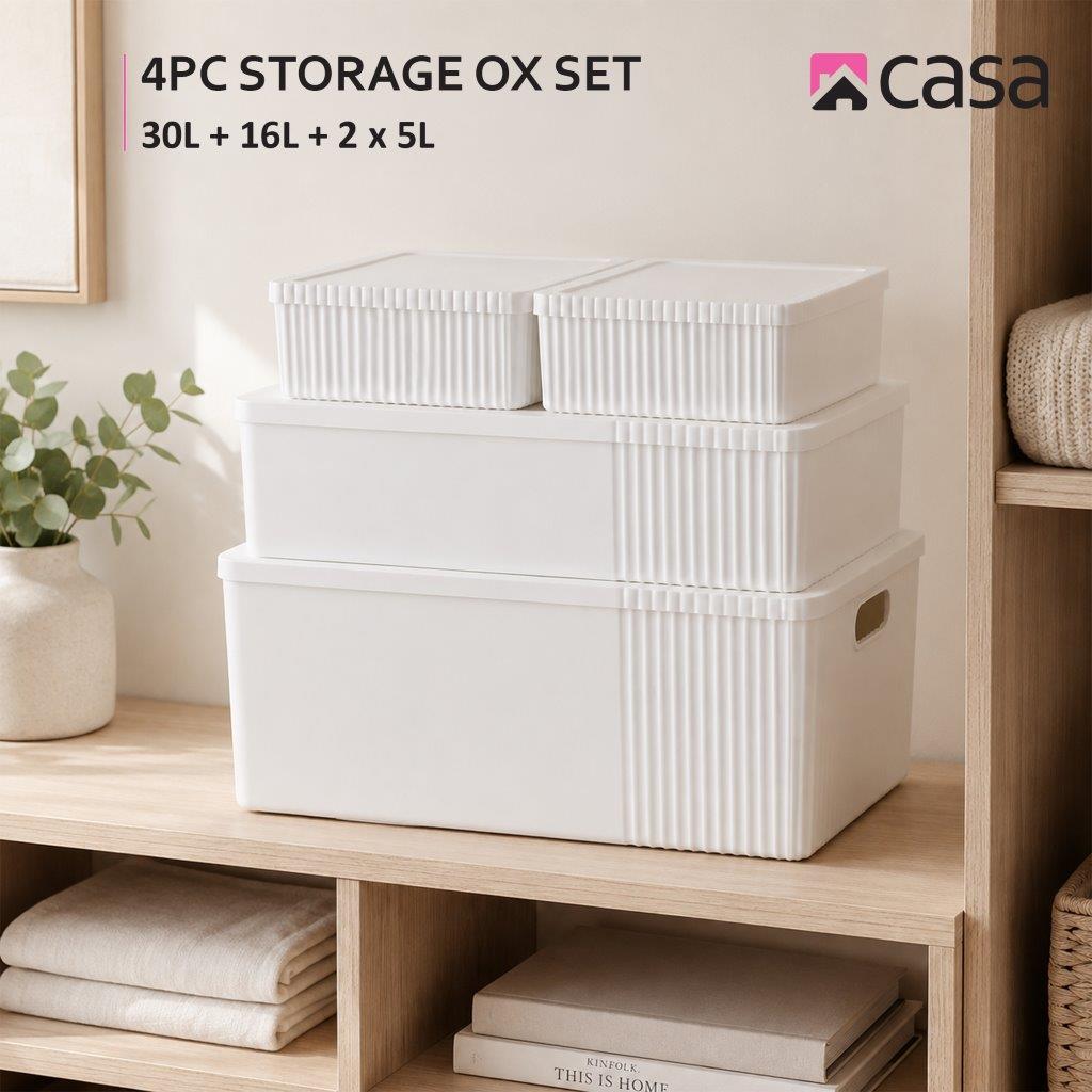 CASA 4Pc Decorative Storage Box Set - 30L + 16L + 2x 5L - White